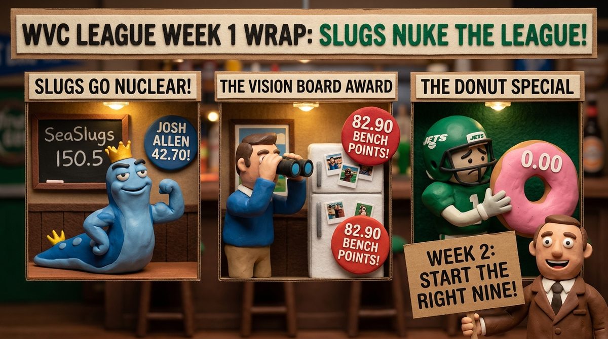Claymation art style: the same WVC Week 1 wrap as a handcrafted stop-motion diorama — a plasticine sea slug and friends.
